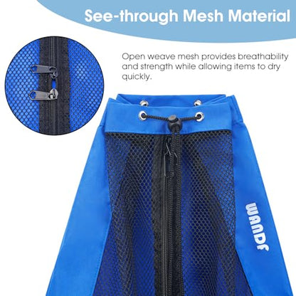 WANDF Swim Bag Mesh Drawstring Backpack Beach Backpack for Swimming, Gym, and Workout Gear - color: Navy Blue With Wet Pocket