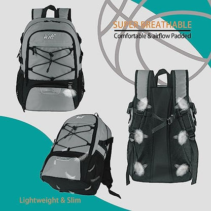 WOLT Basketball Backpack Large Sports Bag with Separate Ball Holder & Shoes Compartment, Best for Basketball, Soccer,Gym - color: LightGrey