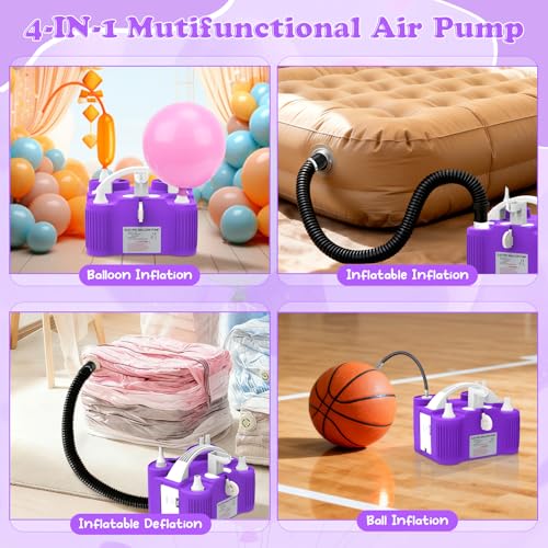 Electric Balloon Pump 4-in-1 Air Pump Portable Electric Balloon Blower Machine Dual Nozzle Quick-Fill 110V AC Inflator Deflator for Balloons Pool Floats Air Mattress Inflatables