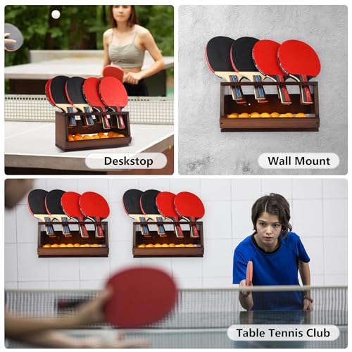 Ping Pong Paddle Holder Wall Mount & Desktop 2-in-1,Table Tennis Racket Display Organizer Holds 8 Rackets, Ping Pong Paddle Storage Rack in Game Room, Man Cave, Office, Home - color: Brown