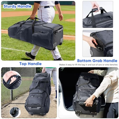Large Rolling Baseball Catchers Gear Bag with Wheels, Softball Bag with Hard Backing for 4 Bats,Equipment Bag with Separate Shoe & Helmet Compartments, Youth Baseball Bag with 360° Spinner Wheels - color: Black, size: Style B - Heavy-Duty Rolling Base