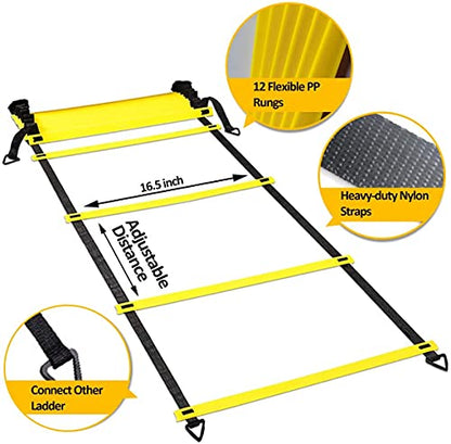 Speed Agility Ladder Training Set, 12 Rung 20Ft Agility Ladder, 12 Disc Cones, 4 Steel Stakes, Resistance Parachute with Carry Bag