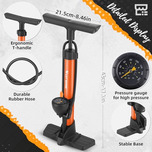 Bike Floor Pump, Bikes Pump with Gauge,Bicycle Air Pump with High Pressure 160 Psi, BikeTire Pump with Presta Schrader Valves，Portable Hand Pump Bike, Fits Road Bikes MTB E-Bike, Ball - color: Orange
