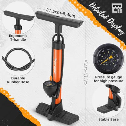 Bike Floor Pump, Bikes Pump with Gauge,Bicycle Air Pump with High Pressure 160 Psi, BikeTire Pump with Presta Schrader Valves，Portable Hand Pump Bike, Fits Road Bikes MTB E-Bike, Ball - color: Orange