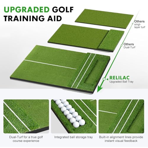RELILAC 5x4ft Golf Mat with Ball Tray, 26/31mm Thickened Golf Hitting Mats for Backyard, Driving Range, Indoor & Outdoor Practice, Turf Matt with 3 Tees for Chipping Swing Driving Training