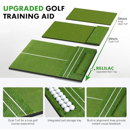 RELILAC 5x4ft Golf Mat with Ball Tray, 26/31mm Thickened Golf Hitting Mats for Backyard, Driving Range, Indoor & Outdoor Practice, Turf Matt with 3 Tees for Chipping Swing Driving Training