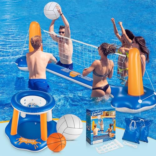 Pool Volleyball Set & Basketball Hoop - 125" Larger Pool Volleyball Net for Inground Includes 2 Balls & 2 Weight Bags, Pool Toys Game for Adults - Volleyball Court (125"x38"x30") - size: 125" Volleyball & Basketball Set