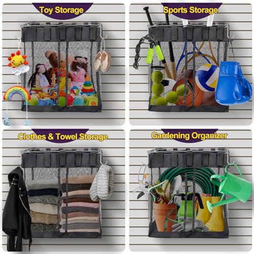 2 Packs Large Mesh Slatwall Baskets, 16×16×12 Inch Slat Wall Mesh Storage Baskets with 4 Hooks, 13.3 Gallon Hanging Slatwall Bins for Shop Garage Gym Display Panel Accessories (Black)