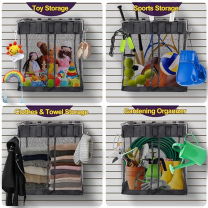 2 Packs Large Mesh Slatwall Baskets, 16×16×12 Inch Slat Wall Mesh Storage Baskets with 4 Hooks, 13.3 Gallon Hanging Slatwall Bins for Shop Garage Gym Display Panel Accessories (Black)