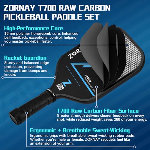 T700 Pickleball Paddles,16mm Pickleball Paddles, USAPA Approved Carbon Lightweight Pickle Ball Rackets, Wider Pickle Ball Racket Gift for Beginners, Men, Women - color: Black-2
