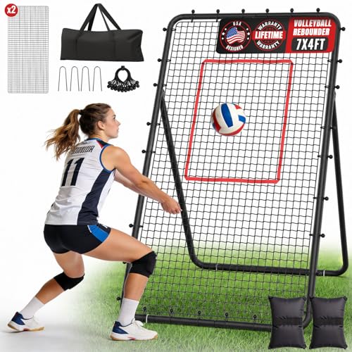 Suteck 7x4ft Volleyball Rebounder Net 2-Net System, 5-Angle Adjustable & Durable Trainer for Spike, Serve, Passing & Solo Practice, Includes Storage Bag for Easy Travel & Portability - color: Black
