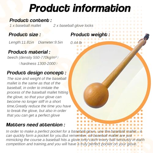 Baseball Hammer, Baseball Softball Glove Mallet, One-Piece Mallet, Baseball Glove Shaping Hammer with 2Pcs Baseball Lock, Glove Mallet 12inch 11inch