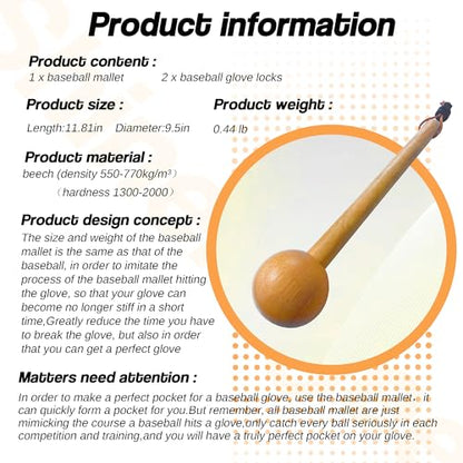 Baseball Hammer, Baseball Softball Glove Mallet, One-Piece Mallet, Baseball Glove Shaping Hammer with 2Pcs Baseball Lock, Glove Mallet 12inch 11inch