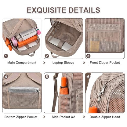Oraben Heavy Duty Mesh Pack With Rain Cover See Through Backpack Mesh Backpack Bookbag Ideal for Class, Work, Travel, Beach Outings (Khaki) - color: Khaki