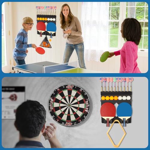 Ping Pong Paddle Holder Wall Mount Hold 8 Paddles, Ping Pong Rack Dart Holder 2-in-1, 100% Solid Wood Table Tennis Organizer, Black