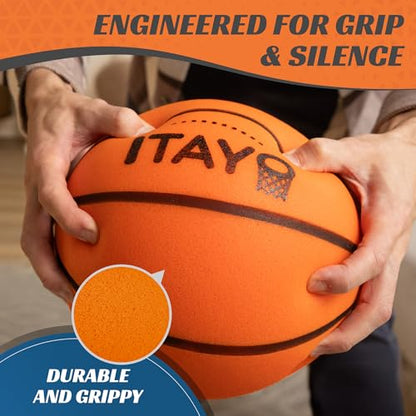 Silent Basketball Size 7 (29.5") - Airless High Bounce Indoor Foam Training Kit | Quiet Dribbling Ball for Apartments | Includes 24 Skill Challenge Cards + Stickers