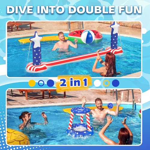 4th of July Pool Toys Games Set, 3 in 1 Inflatable Volleyball Net & Basketball Hoop, Large Water Floating Volleyball Toy Summer Party for Kids Teens Adults, American Flag 250th Anniversary