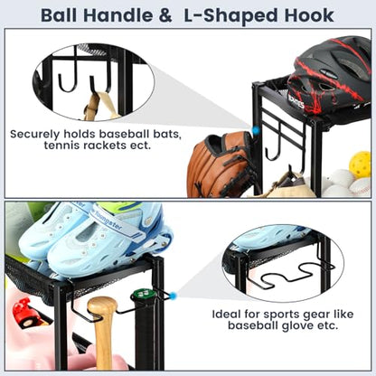 Kinghouse Garage Sports Equipment Organizer, Sports Rack with Hooks, with 37 Gal Ball Storage Bin, Elastic Straps Storage for Basketball, Soccer, Tennis, Stick, Racket, Nerf Gun, Toy, Indoor, Outdoor