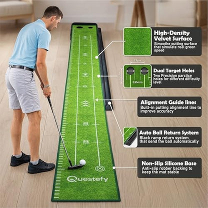Putting Green Indoor | Wrinkle-Free Golf Mat with Auto Ball Return | Non-Slip Surface & Alignment Markings for Accurate Putting Practice at Home, Office & Outdoors | Improve Stroke Control & Precision