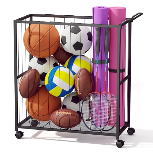 Homsorout Ball Storage Bin Rolling Sports Ball Cart, Metal Garage Organizer Sport Rack, Ball Basket Storage, Ball Cage for Garage or Gym, Indoor & Outdoor Sports Equipment Organizer Black - color: Black
