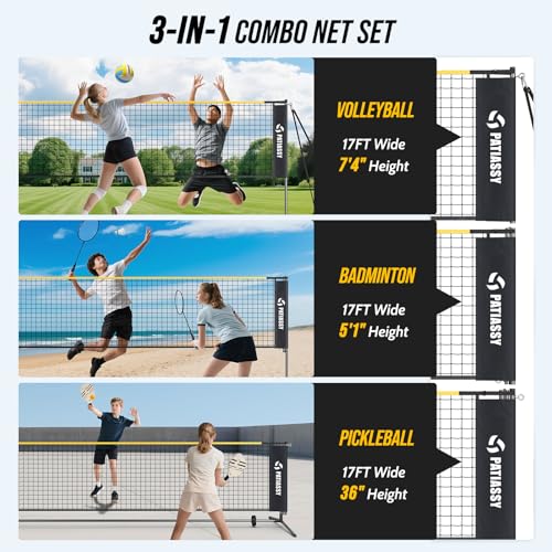 Volleyball Badminton Pickleball 3-in-1 Combo Net Set, 5.1-7.4ft Adjustable Height Sports Nets for Backyards, Portable 17ft Outdoor Net with Carry Bag, Rackets and Balls