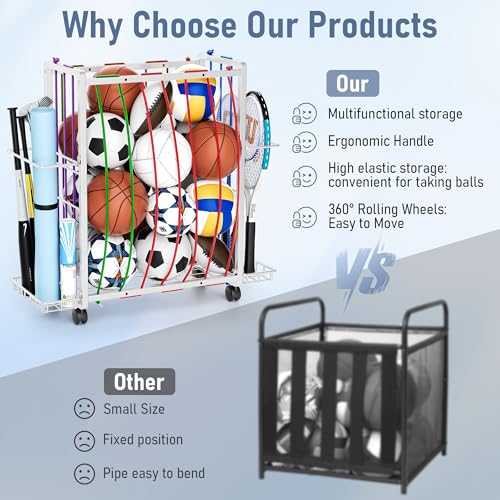 Rolling Sports Ball Storage Cart, Large Capacity Sports Equipment Organizer Garage Ball Organizer with Bat & Racket Holder, Heavy-Duty Sports Equipment Rack with Wheels for Garage Home & Gym (White)
