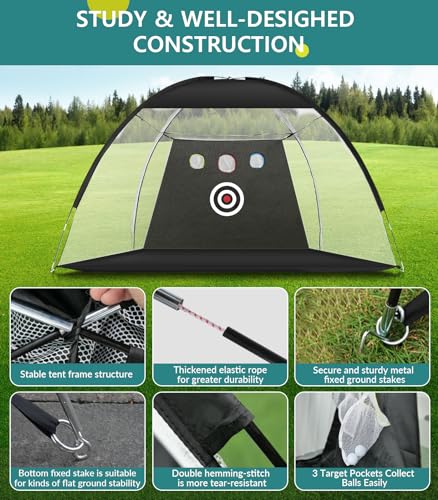 Golf Net: 10x7FT Golf Practice Net for Backyard Driving, Hitting Net with Tri-Turf Mat, Indoor Training Chipping Aid Nets with Reduce Noise Nylon Target, Gifts for Men/Dad/Him