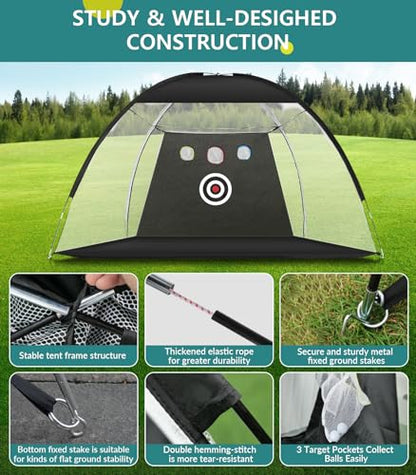 Golf Net: 10x7FT Golf Practice Net for Backyard Driving, Hitting Net with Tri-Turf Mat, Indoor Training Chipping Aid Nets with Reduce Noise Nylon Target, Gifts for Men/Dad/Him