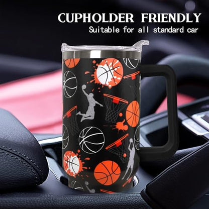 Ceovfoi 40 oz Basketball Coffee Mug Cup Vacuum Insulated Travel Tumbler with Handle Lid and Straw,Basketball Coach Gifts,Accessories Stuff - color: Basketball