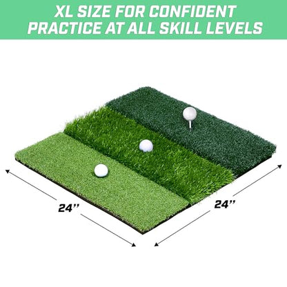 GoSports Tri-Turf XL Golf Hitting Mat – 24x24 in Golf Practice Mat for Indoor/Outdoor Training, Fairway Rough Tee Turf, Portable Golf Mat for Backyard, Garage & Golf Simulator Use
