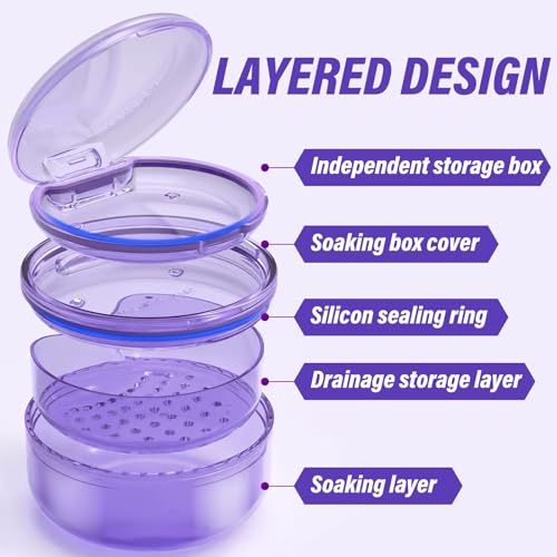 Denture Case, 2PCS Retainer Case with Strainer Basket, 2 in 1 Denture Bath Case No-Leak Retainer Cleaner Case, Retainer Holder for Travel, Mouth Guard Case for Dentures, Clear Braces, Night Guard - color: Blue-Purple