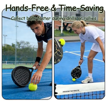 Tennis Ball Picker for Racket, Hands Free Clip On Tennis Ball Retriever, Easy Racquet Edge Ball Collector, No-Bend Quick Pickup Training Tool
