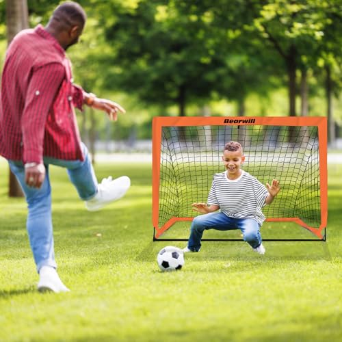 Bearwill Soccer Goal, Kids Soccer Goals for Backyard Set of 2, 4x3ft Portable Soccer Goal Pop Up Soccer Net, Kids Soccer Net Training Equipment with Soccer Ball, Ladder, Cones, Targets - color: Orange