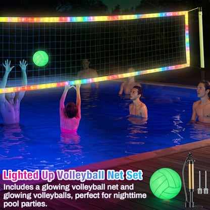 WinnerWhy LED Professional Volleyball Net and Glow in the Dark Volleyball Set 31.2x3.3ft Portable Light up Net with Size 5 Light-Up Volleyballs Remote Control Steel Cable for Beach Swimming Pool Game