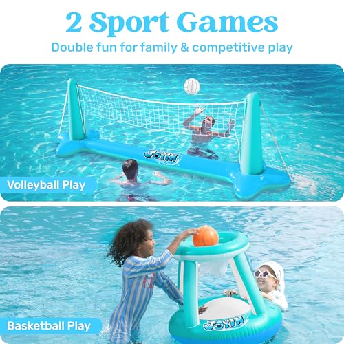 JOYIN XL Inflatable Pool Float Set, 125'' Volleyball Net & Basketball Hoops, Extra Large Floating Swimming Game Toy for Kids and Adults, Summer Floaties, Volleyball Court|Basketball, XL-Blue, Cyan - color: Blue Cyan, size: X-Large
