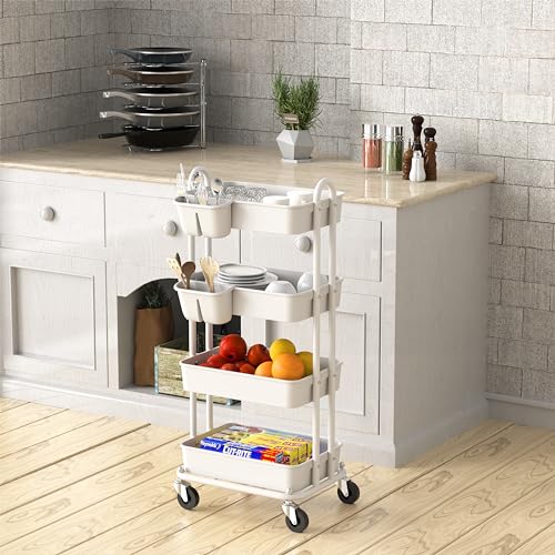 Simple Houseware 4-Tier Multifunctional Rolling Utility Cart with Hanging Buckets, White - color: White, size: 4-Tier