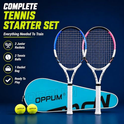 2-Pack Kids Tennis Racket Set, 16 21 23 25 Inch Junior Racquets for Boys Girls, Lightweight Aluminum Starter Kit with Shoulder Bag and 2 Balls - color: 25 inch-2pcs New(Purple+Blue)