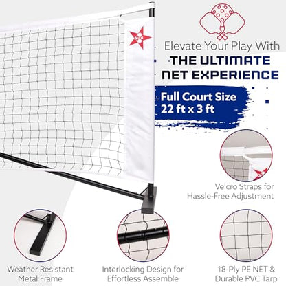 Pickleball Net Complete Kit, Full Court Size (22 FT) Two Different Paddle Styles, Weather Resistent Metal Frame, Carry Bag, for Indoor/Outdoor/Driveway.