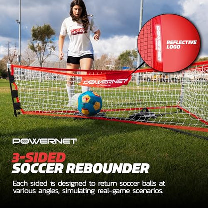 PowerNet Triple Threat Rebounder, Portable 3-Sided Futsal & Soccer Net, 80" L x 21" H Per Side, Training Equipment Rebound Net for Improving Soccer Ball Passing