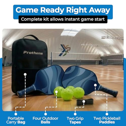 Fiberglass Pickleball Paddle Set Pack of 2 with 4 Pickleballs and Storage Bag | Multi-Layered Textured Indoor and Outdoor Pickleball Paddles - color: Blue