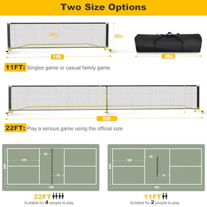 Portable Pickleball Net with Wheels, Regulation Size 22 FT & Half Court 11 FT, Steady Metal Frame for Backyards, Driveways, and Garages (Black&Yellow)