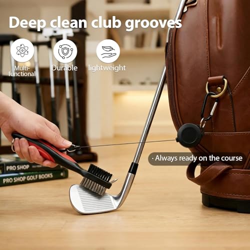 Durable Golf Club Groove Cleaner Brush and Shoes Brush With Handle - Dirt Mud Remover Tool for Golf Clubs and Shoes - Retractable Zip-line Aluminum Carabiner