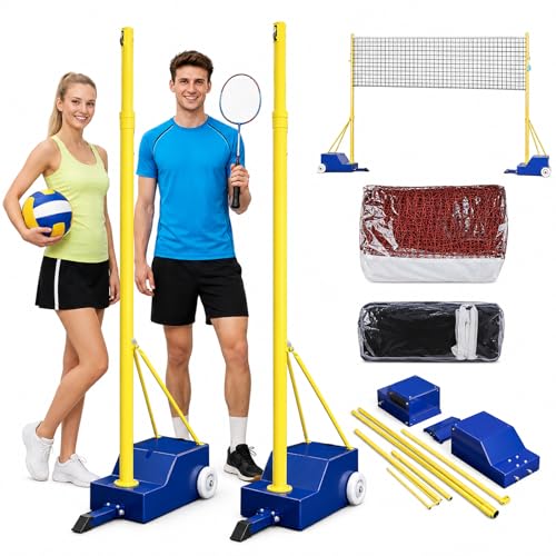 Volleyball Badminton Combo Net Set, Height Adjustable, Portable Outdoor Sports Net with Rolling Fillable Base, Steel Poles for Backyard Lawn Beach Gym