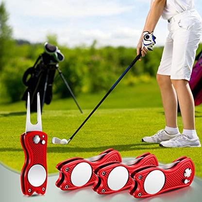 Skylety 4 Pcs Golf Divot Repair Tool Metal Foldable Golf Divot Tool with Magnetic Pop-up Button Ball Marker Stainless Steel Switchblade for Golfers Prizes - color: Red