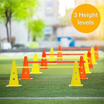 Bramble - Speed Agility Training Hurdles Set with 3 Height Levels, 12 Cones 15" & 6 Training Poles 40", Exercise Jumping Hurdles for Kids, Football Agility Poles, Dog Training Agility Equipment