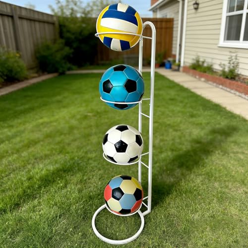 Ball Storage Rack, White Metal, 4-Tier Vertical Organizer for Basketball, Soccer, Volleyball, Sports Equipment Holder (4-Tier) - size: 4-Tier