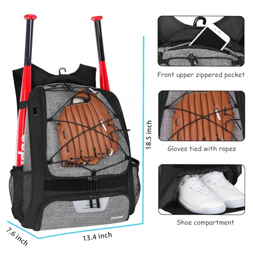 Goloni | Baseball Backpack,Baseball Bag for Adult,Softball Bat Bag with Shoes Compartment,Large Main Compartment for Helmet & accessories, Fence Hook - color: Grey