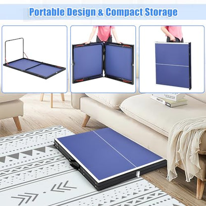 Foldable Table Tennis Table Portable Ping Pong Table with Net & 2 Paddles & 3 Balls,Portable Ping Pong Family Game Tables for Outdoor Indoor,54 x 30 x 27 inch