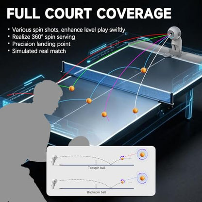Table Tennis Robot, PUSUN Ping Pong Machine with Ball Recycling Facility, Built-in Preset Training Drills, Smart App Control, Real-time Spin/Speed/Landing Point Adjustment,Easy to Install