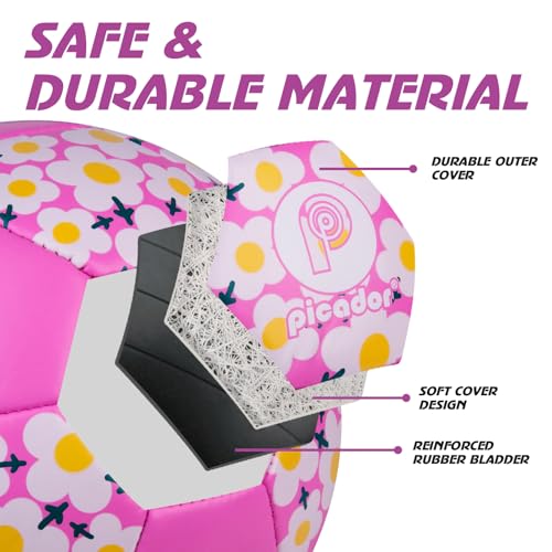 Picador Soccer Ball Size 4 Girls, Pink Flower Kids Soccer Ball for 6-8 8-12 Youth Children Teens Outdoors Sports Training Ball with Pump